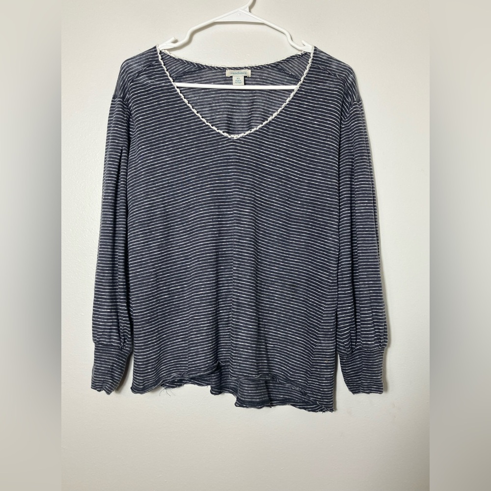 Sundance Long Sleeve 100% Linen‎ Blouse Sz XS Oversized Blue Striped Lagenlook